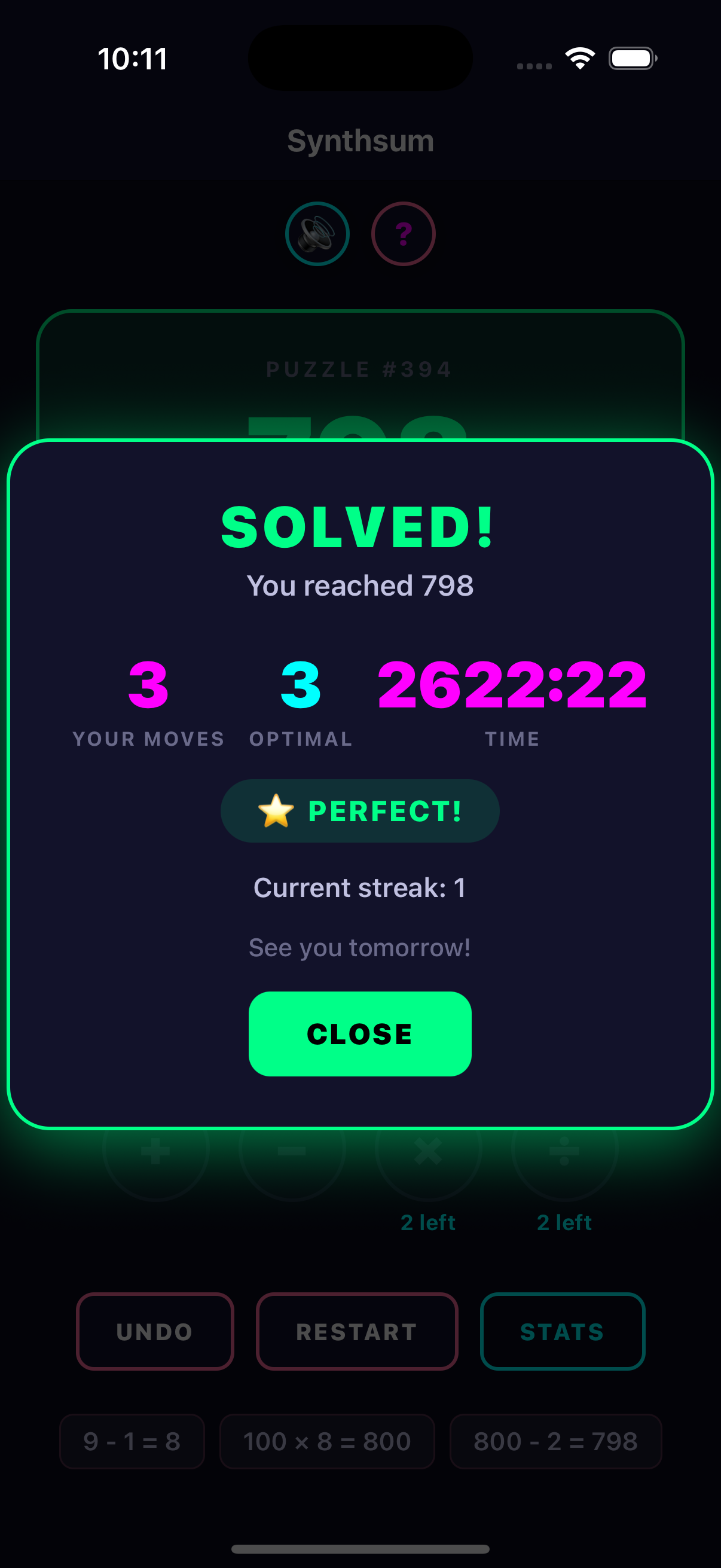 Synthsum victory screen